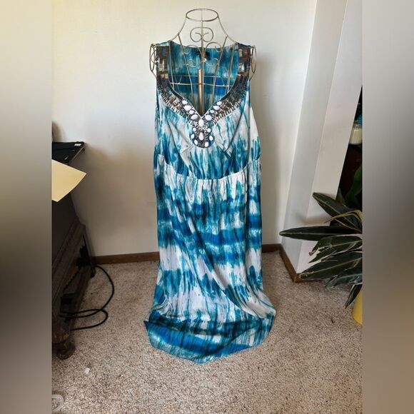 Lane Bryant plus size sleeveless beaded detail long blue print dress size 20 - Picture 7 of 9
